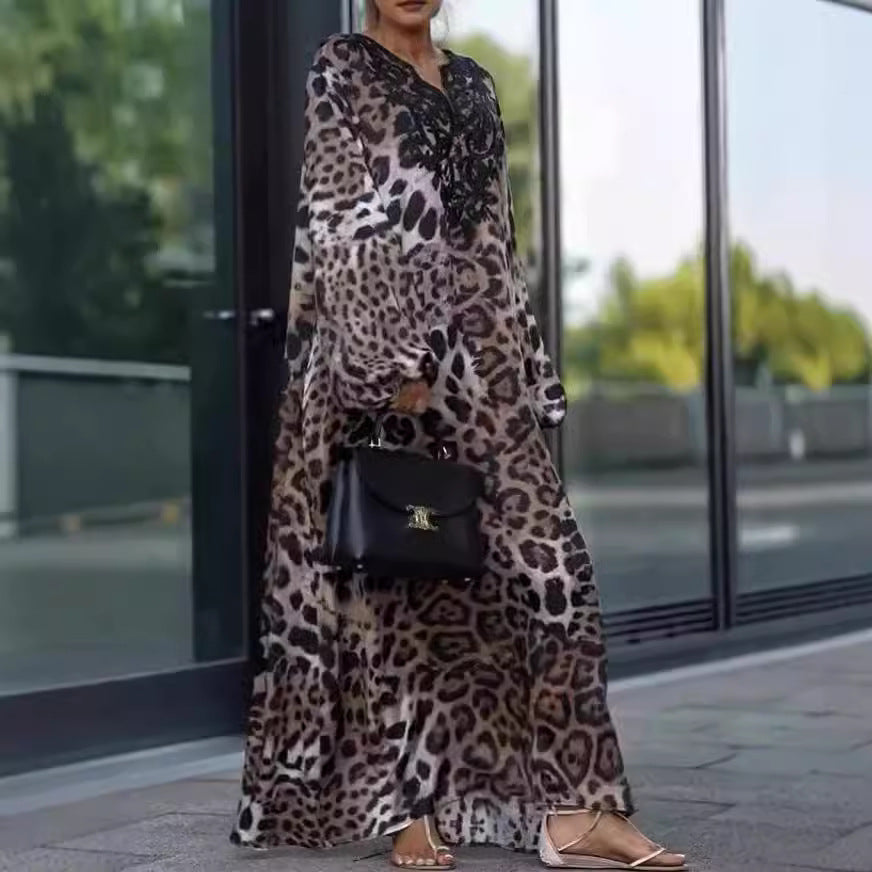 Loose Leopard Print Maxi Dress - V-Neck Lantern Sleeve Thanksgiving Outfit 2025 | Casual & Chic