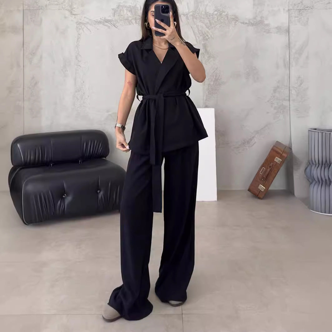 Casual Spring Outfits | Belted Kimono Top Wide Leg Pants Outfit 2-piece Set