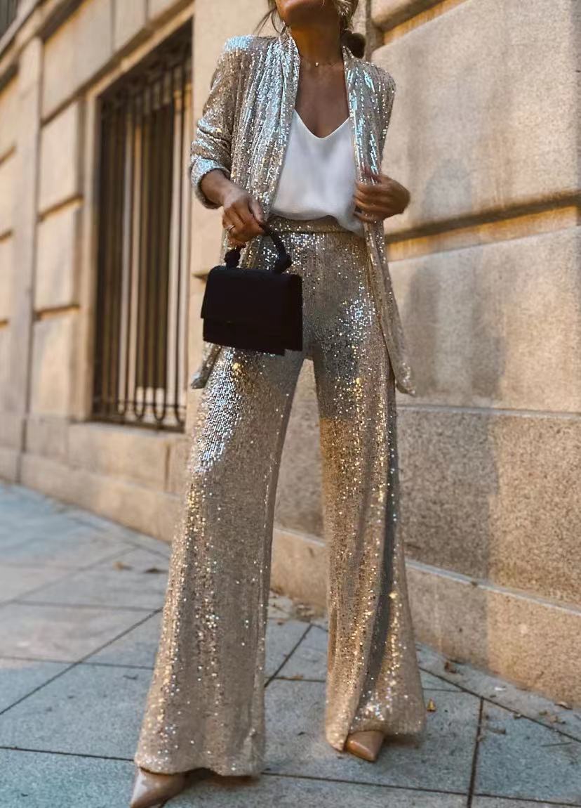 2024 Metallic Outfits  Glitter Sequin Blazer Wide Leg Pants