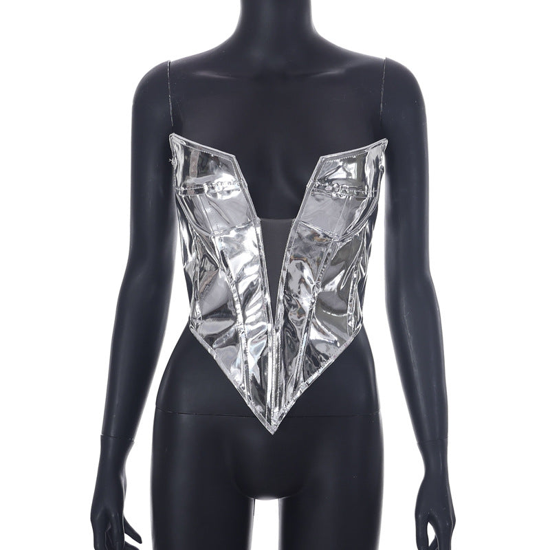 Y2K Fall Outfits | Silver Metallic Corset Crop Top