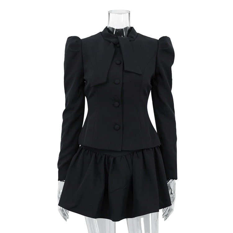 TGC “Noir Grace” Bow-Tie Set | Elegant Two-Piece Skirt & Blouse Ensemble