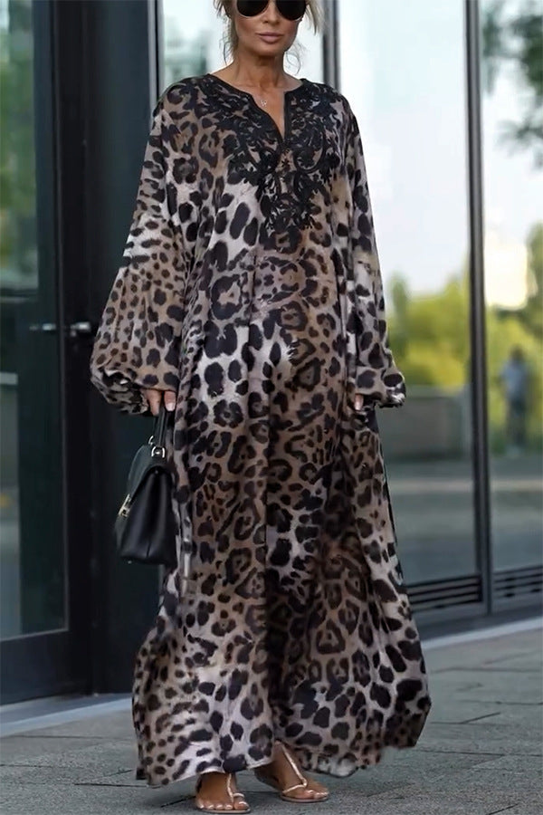 Loose Leopard Print Maxi Dress - V-Neck Lantern Sleeve Thanksgiving Outfit 2025 | Casual & Chic