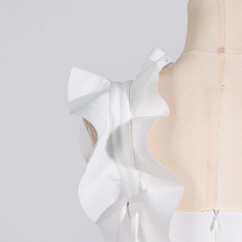 [Éclat Blanc Dress] | High Grade Floral Stitching White Slim Fit Backless Summer Dress – Elegant Women’s Occasion Wear by TGC