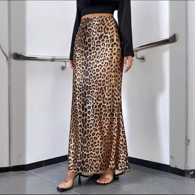 TGC FASHION 2024 Fashion Fall Outfits, Satin Maxi Leopard Fishtail Skirt