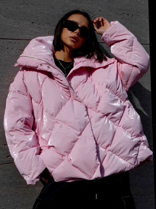 Pink Cotton Padded Jacket - Baggy Casual Coat with Glossy Matte