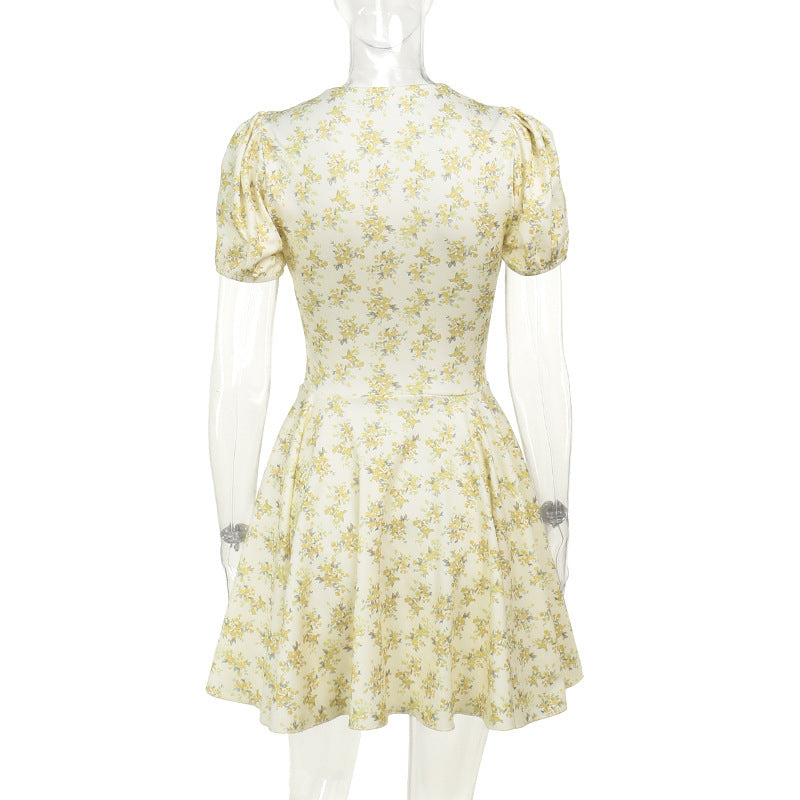 Spring Dresses 2024 | Yellow French Floral Slim Fit Puff Sleeve Mini Dress