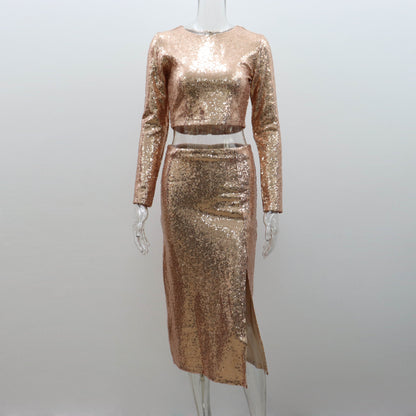 2024 Metallic Outfits | Long Sleeve Sequined Crop Top Skirt Outfit 2-piece Set