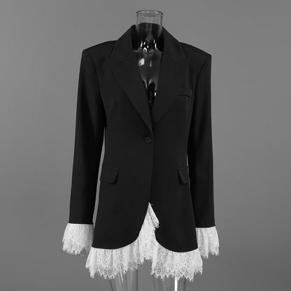 TGC “Noir Grace” V-Neck Lace Blazer | Black Single-Breasted Office Elegance