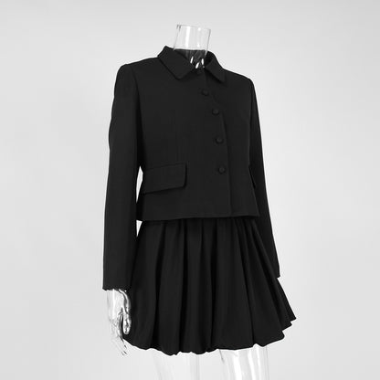 TGC “Fall Edit” Black Office Skirt Set | Minimalist Long Sleeve Collared Top & High-Rise Skirt