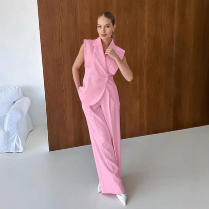 TGC “Blush Balance” Summer Set | Pink Sleeveless Collared Waistcoat & Wide Leg Pants | Casual Office Chic
