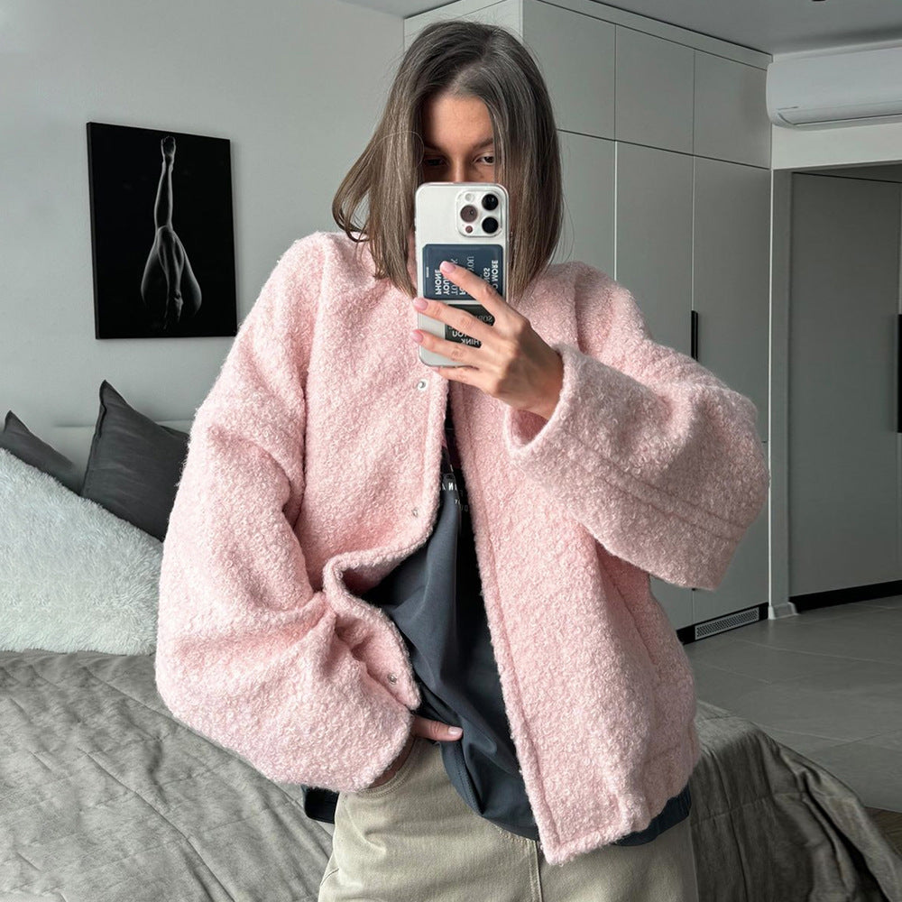 Soft Pink Furry Jacket - Casual Short Stand Collar Winter Coat with Drop Shoulder Sleeves