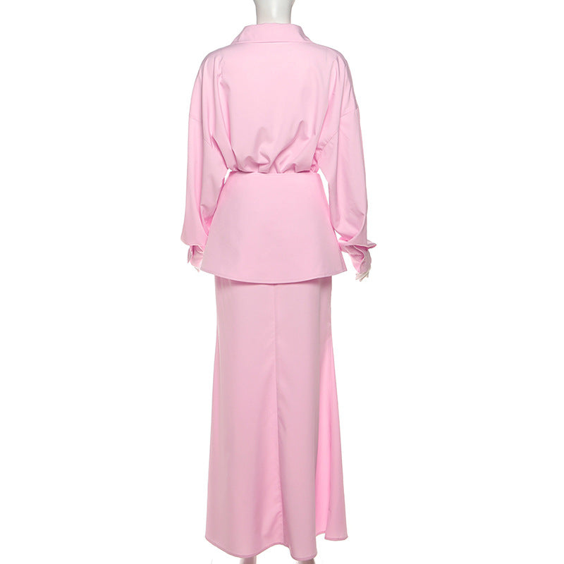 TGC “Grace Seal” 3-piece Set | Pink, Black Collared Shirt, Waist-Belt & Maxi Skirt | Fall Office Elegance
