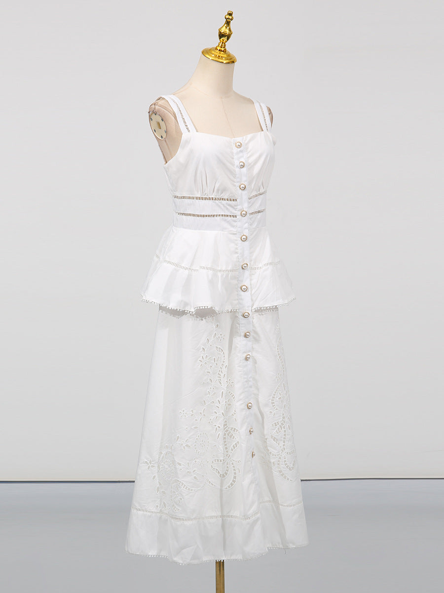 [Été Parisien Ruffle Midi] | Elegant Slim Fit Spaghetti Strap A-Line Dress – French Summer Chic by TGC