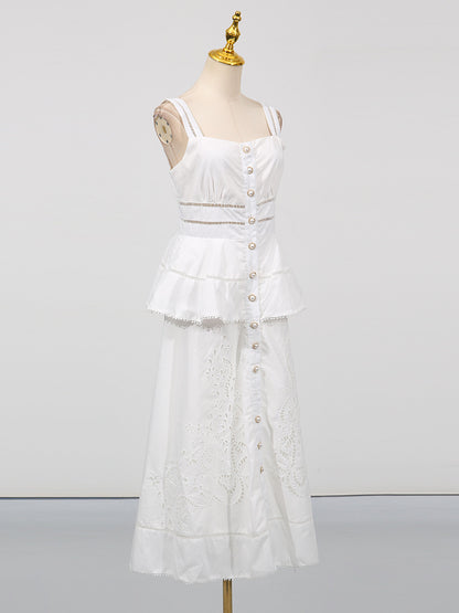 [Été Parisien Ruffle Midi] | Elegant Slim Fit Spaghetti Strap A-Line Dress – French Summer Chic by TGC