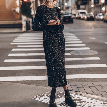 Simple Sequin Long Sleeve Dress - Shiny Cut-Out Back Winter Dress