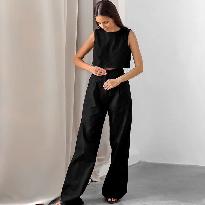 TGC Fashion Fall Outfits 2024 | Black Cotton Linen Crop Top Pants Outfit 2-piece Set