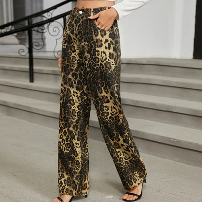 2024 Fashion Trends, Leopard Denim Straight Leg Trousers Pants