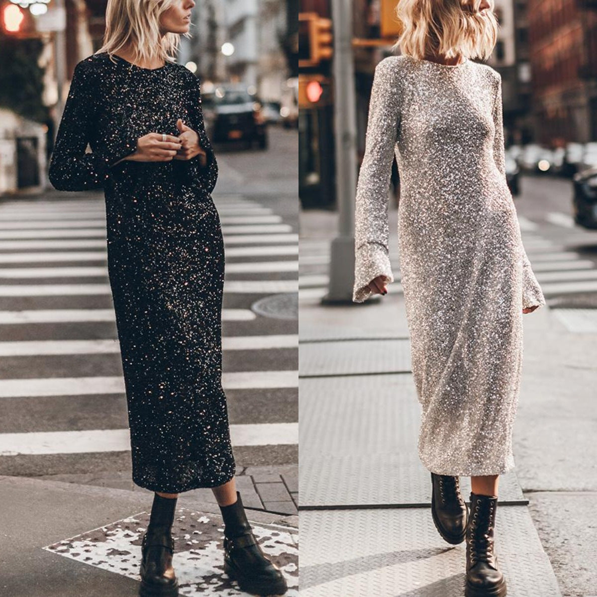 Simple Sequin Long Sleeve Dress - Shiny Cut-Out Back Winter Dress