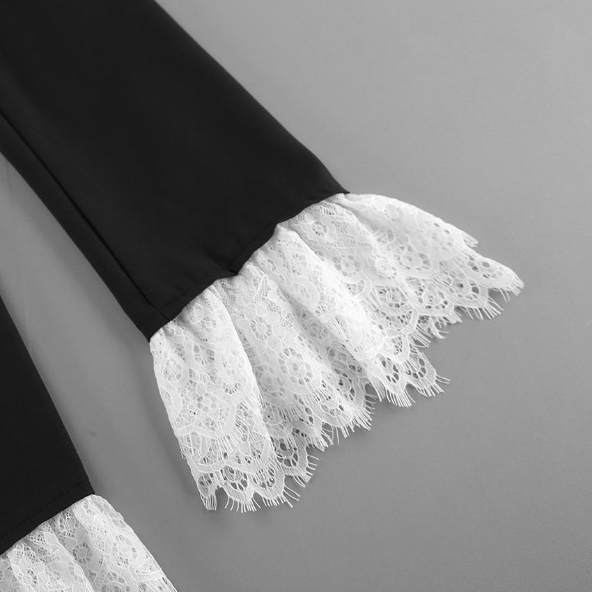 TGC “Noir Grace” V-Neck Lace Blazer | Black Single-Breasted Office Elegance