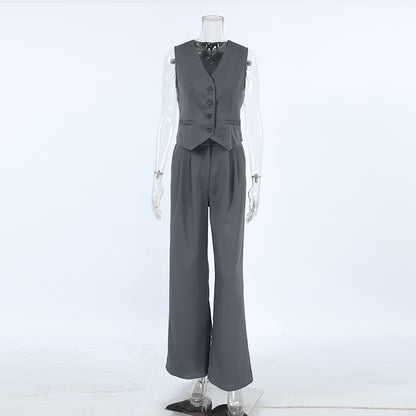 Business Casual Outfits | Dark Gray Vest Wide Leg Pants Outfit 2-piece Set