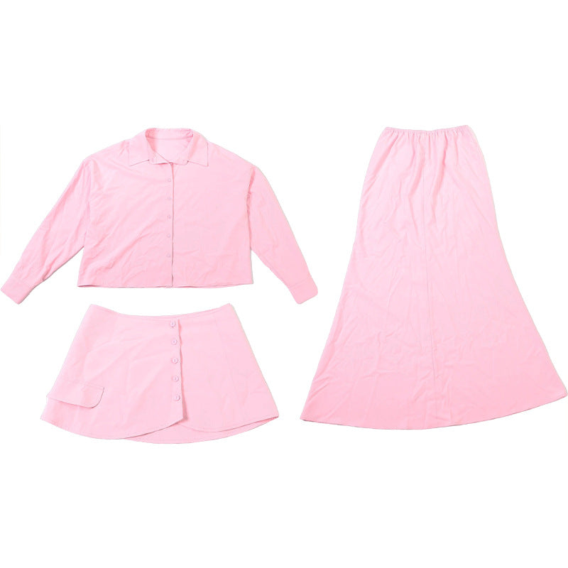 TGC “Grace Seal” 3-piece Set | Pink, Black Collared Shirt, Waist-Belt & Maxi Skirt | Fall Office Elegance