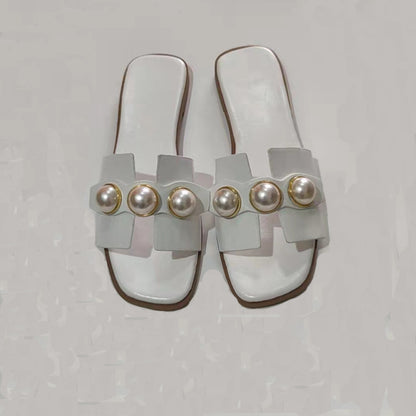[The Eden Pearl Slide] | Elegant Flat Slippers with Oversized Pearls | Lightweight Beach to Brunch Sandals by TGC – Trust God Claudia