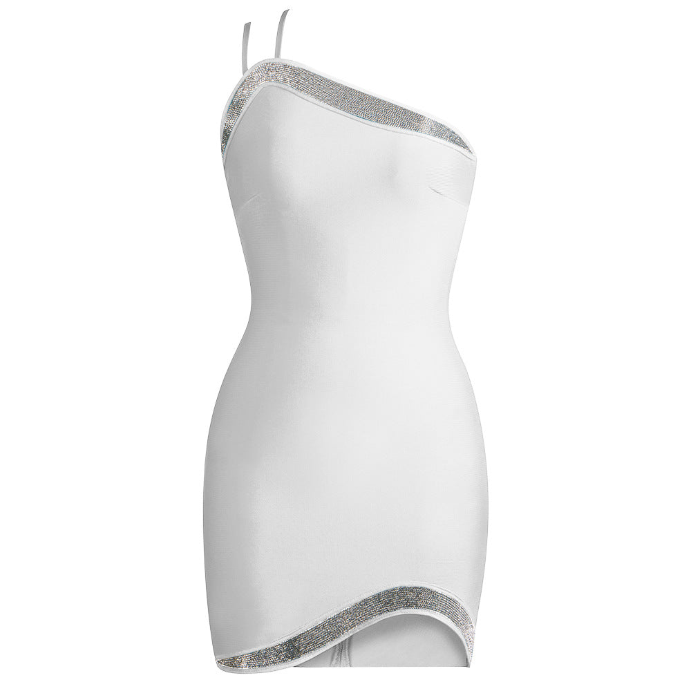 Summer Dresses 2023 | Neon Yellow One-Shoulder Silver Rhinestone Backless Mini Dress
