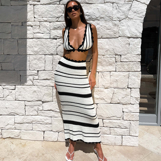 2024 Fashion Trends | Black and White Striped Bikini Top Skirt Outfit 2-piece Set