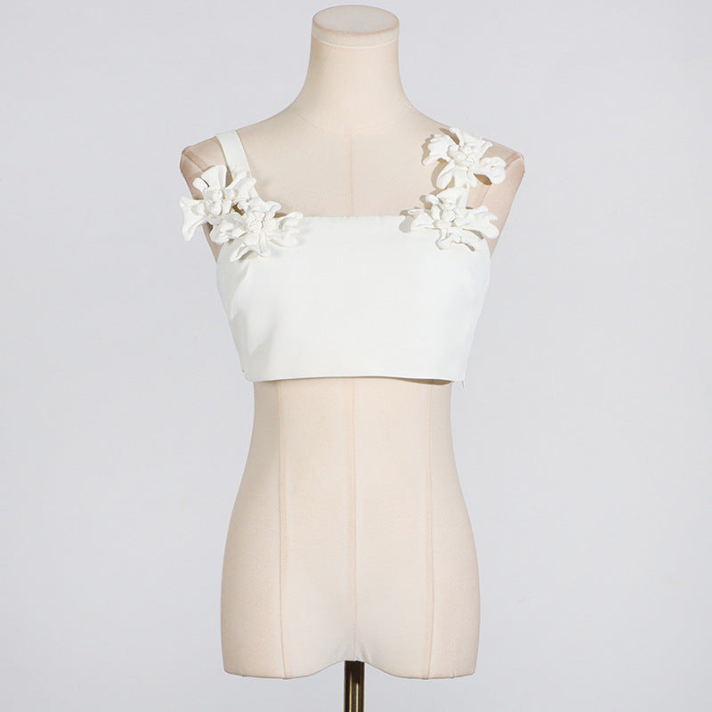 [Fleur Élevée Set] | Sexy 3D Floral Strap Crop Top & High Waist Midi Skirt – Elegant Summer Two-Piece by TGC