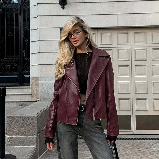 Burgundy Retro Leather Jacket - Wine Red Artificial Leather Collar Long Sleeve Loose Fit | Fall/Winter Commuting Style