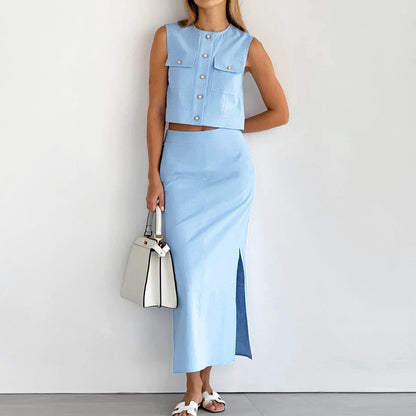 Summer Outfits 2024 | Chic Cotton Classy Sleeveless Top Split Skirt Skirt Outfit 2-piece Set