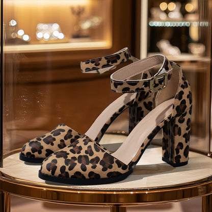 Winter Outfit | Leopard Print Pointed Toe Hollowed Pumps with Buckle Closed Toe Roman Heels