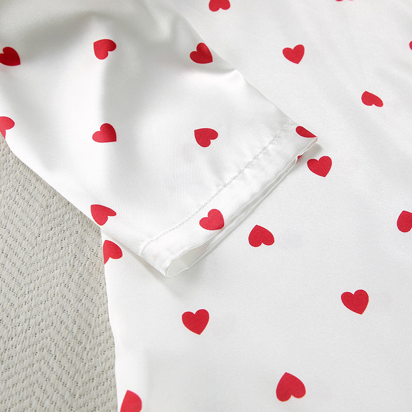 Summer Pajamas | Artificial Silk Hearts Shirt Pants Outfit 2-piece Set