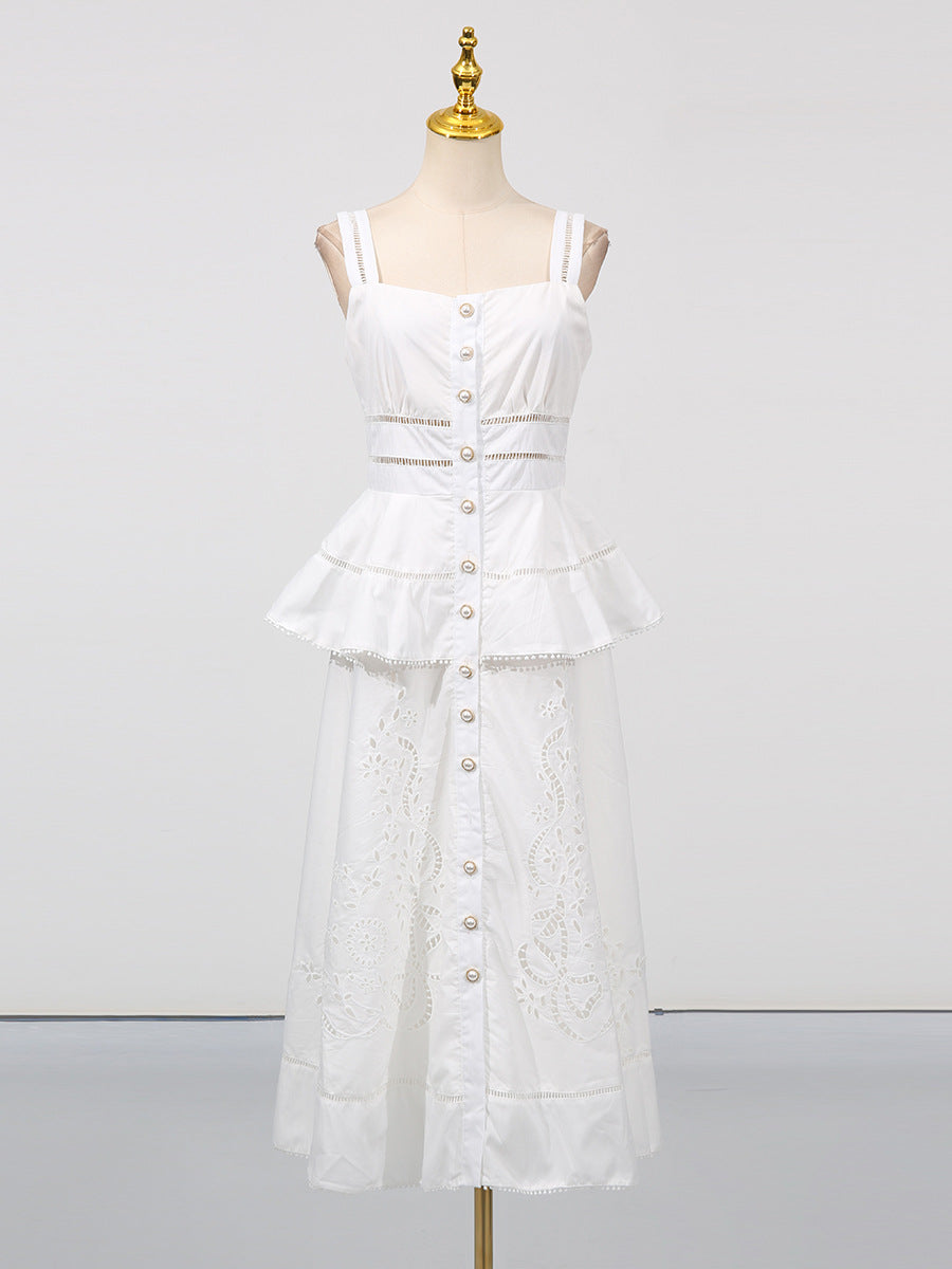 [Été Parisien Ruffle Midi] | Elegant Slim Fit Spaghetti Strap A-Line Dress – French Summer Chic by TGC