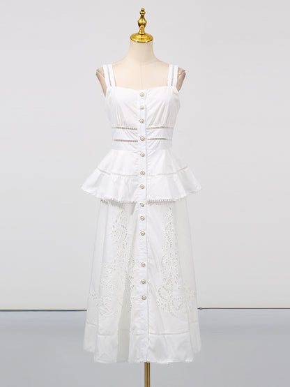 [Été Parisien Ruffle Midi] | Elegant Slim Fit Spaghetti Strap A-Line Dress – French Summer Chic by TGC