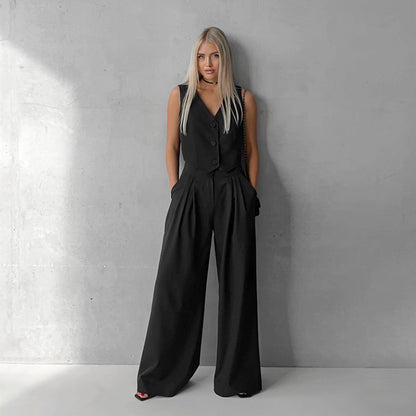 Summer Outfits 2024 | Elegant Classy Business Casual Vest Wide Leg Pants Outfit 2-piece Set