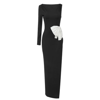 2024 Fashion Trends | White 3D Bow Backless One Shoulder Black Dress