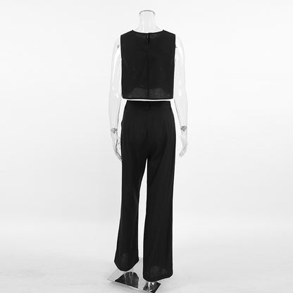 TGC Fashion Fall Outfits 2024 | Black Cotton Linen Crop Top Pants Outfit 2-piece Set