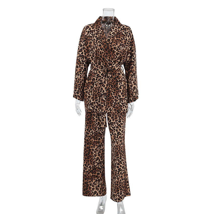 2024 Fashion Trends, Leopard Kimono Belted Shirt Pants Outfit 2-piece Set