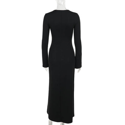 Elegant Little Black Maxi Dress - Split A-Line Crew Neck Long Sleeve Winter 2025 Style