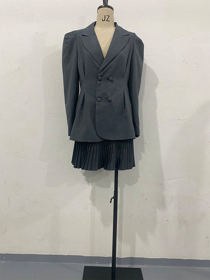TGC “Heartline” Mini Suit Set | Long Sleeve Collared Blazer & Skirt in Pink, Dark Gray, Light Gray