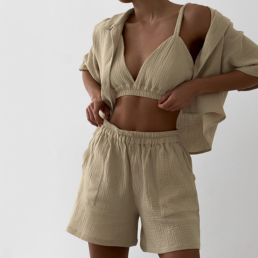 Capsule Wardrobe 2023 | Cotton Triangle Bra Top Short Sleeve Shirt Shorts Summer Outfit 3-piece Set Almost Sold Out