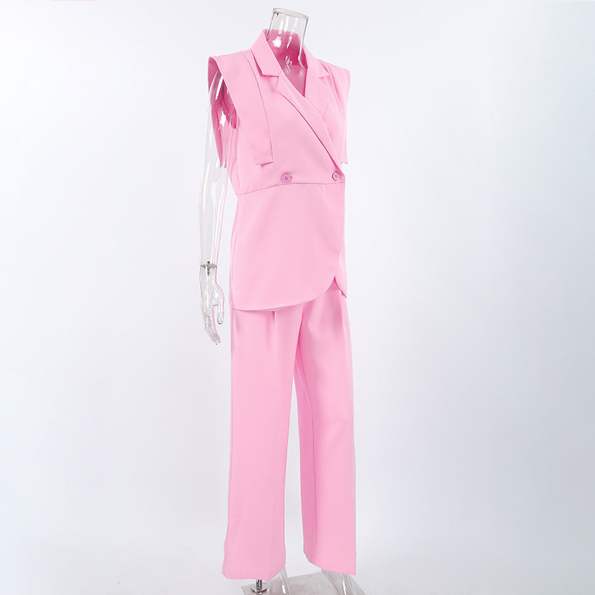 TGC “Blush Balance” Summer Set | Pink Sleeveless Collared Waistcoat & Wide Leg Pants | Casual Office Chic