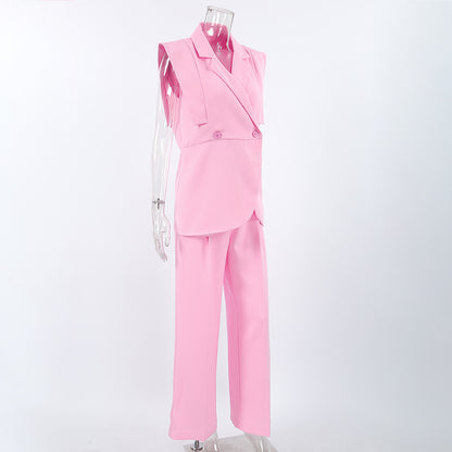 TGC “Blush Balance” Summer Set | Pink Sleeveless Collared Waistcoat & Wide Leg Pants | Casual Office Chic