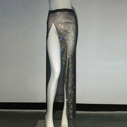 2024 Fashion Trends | Metallic Diamond Rhinestone Crop Top Skirt Outfit