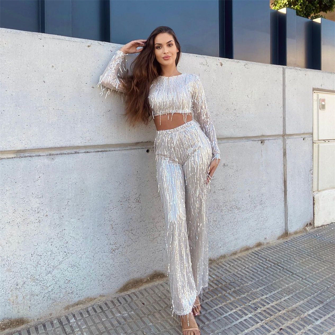 NYE Outfits 2024  Long Sleeve Glitter Sequin Fringe Crop Top