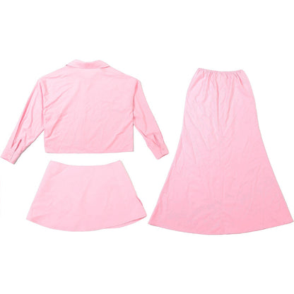 TGC “Grace Seal” 3-piece Set | Pink, Black Collared Shirt, Waist-Belt & Maxi Skirt | Fall Office Elegance