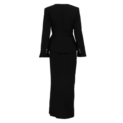 TGC “Noir Contour” Set | Square-Neck Cardigan & Midi Skirt