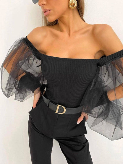 2024 Fashion Trends | Tulle Jellyfish Sheer Sleeves Black Top