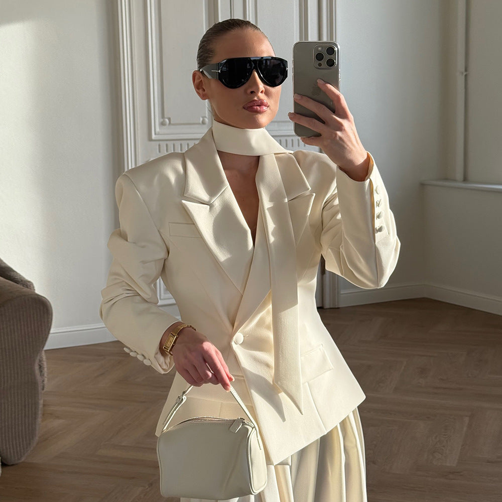 [Grace Bow Blazer] | Elegant Ribbon-Waist Short Office Coat – Double Breasted Women’s Blazer by TGC